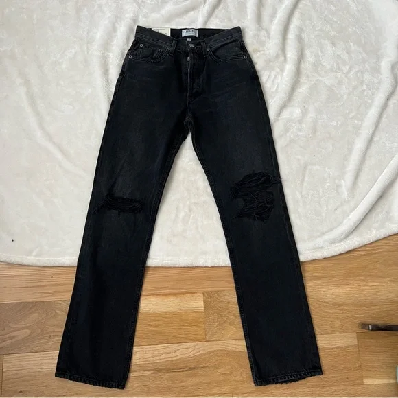 AGOLDE Black Jeans Lana Mid Rise Vintage Straight Jeans Gray 24 Distressed Rips - Picture 2 of 9